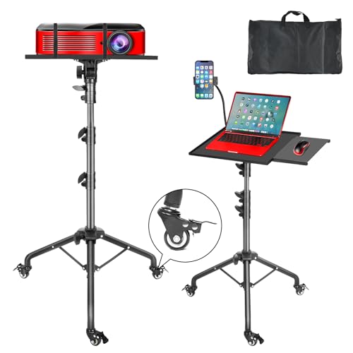 GlobalCrown Beamer Ständer Dreibein höhenverstellbar (66-160cm),Beamer stativ tragbarer Laptop-Bodenständer mit Mausablage & Telefonhalter,Stativ mit Rädern für Büro,Zuhause,Bühne,Podium,DJ Racks