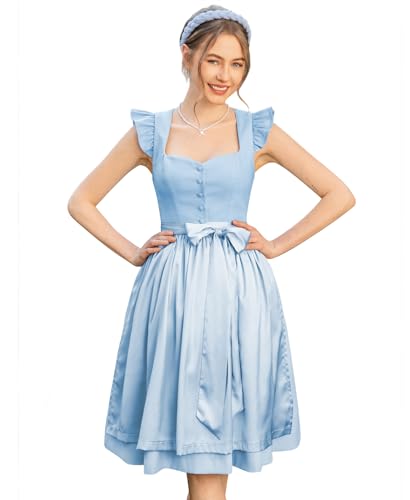 DIRNDLSTERN Damen Midi Trachtenkleid - Dirndlkleid Hellblau Trachtenmode Kleid mit Abnehmbarer Flügelärmel 38
