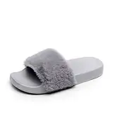 APIKA Damen Flip Flop Kunstpelz Slipper Fuzzy Fluffy Comfy Sliders Offene Zehe(37 EU grau)