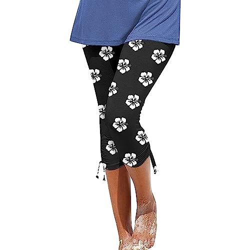 Generisch Strandhose Damen Länge Sommer Damen Casual Blumenmuster Caprihose Strand Kordelzug Schlitz Leichte schlanke Crop Hose Damen Sommer Hosen Hosen für Outdoor-Freizeitaktivitäten (Black, XXL)