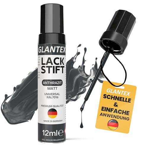 GLANTEX Lackstift Grau Matt [12ml] - Lack mit hoher Deckkraft gegen Kratzer und Steinschläge, für Auto, Terassendächer etc. - RAL 7016 anthrazit