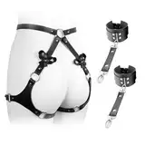 GKLWEJ BDSM Set Harness Damen, Bondage mit 2 Handgelenkmanschetten und Oberschenkelband Gurten, Rave Outfit Damen Gothic Kleidung Verstellbarer SM Kit Fesselspiele, Spielzeug Toys