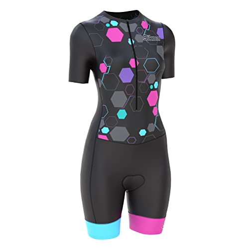 Radsport-Skinsuit für Damen, gepolstert, einteilig, Trisuit, Bike-Top, kurz, sublimiertes Design, Trägerhose, schwarz / pink, M