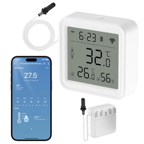 WIOONI WLAN Hygrometer Thermometer Innen, LCD Digital Luftfeuchtigkeitsmesser mit Bildschirm, Externem Sensor und für Gewächshaus Keller Reptilien Inkubator, Arbeit mit Smart Life/Tuya/Alexa