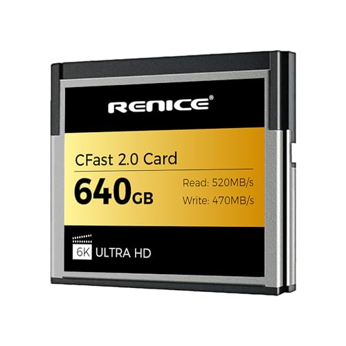 Renice 640 GB CFast 2.0-Karte, Lesen 520 MB/s – Schreiben 470 MB/s Geschwindigkeit, für 6K RAW-Foto und Video