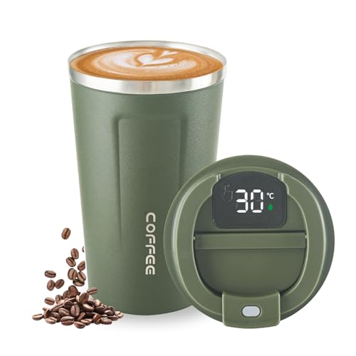 Newvenper Vakuum-Isolierbecher aus Edelstahl kaffeebecher, Coffee to go becher mit LED-Temperaturanzeige, auslaufsicher, Becher mit Deckel, hält kalt und warm, geeignet für Kaffee, Tee und Bier（grün）