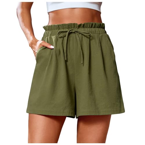 Damen Badeshorts Bauchkontrolle Schwimmshorts Lange Shorts Damen Damen Solid High Waist Stone Wash Falten Shorts Hosen Lässige Strshorts Kurze Damen Hosen Sommer Atmungsaktivität Trocken (Green, XXL)