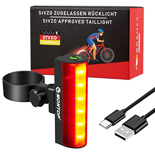 MONTOP StVZO Zugelassen Fahrrad Rücklicht, Fahrradlicht Hinten 2 Modi, Wasserdicht USB Aufladbar LED Fahrradbeleuchtung 800mAh Akku Bike Light,Grad Weitwinkelsicht Retro Fahrradlampe mit 2 Halterung