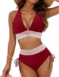 Bikini Damen Set Sexy Badeanzug Bademode Hohe Taille Farbblock Zweiteiliger Kordelzug Badeanzüge Bikinis für Frauen Badebekleidung Bandeau (DE/NL/SE/PL, Alphanumerisch, L, Regular, Regular, Weinrot)