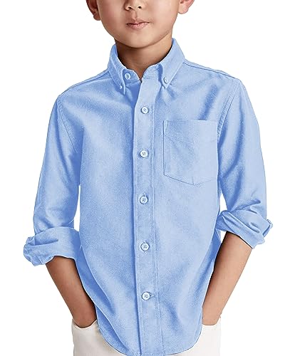 Jungen Langarm Hemden Baumwoll Casual Hemd Kinder Einfarbig Shirt Oberteil mit Brusttasche, Blau, 6-8 Jahre