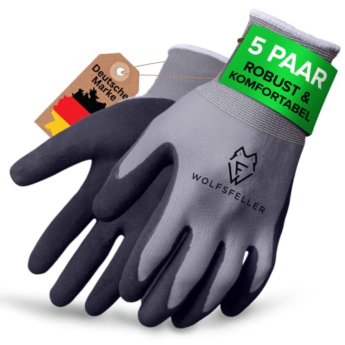 WOLFSFELLER Premium Arbeitshandschuhe Herren Gr 10 | 5 Paar robuste & komfortable Arbeitshandschuhe Damen | Montage-Handschuhe Arbeitshandschuhe mit langlebiger Nitril-Beschichtung