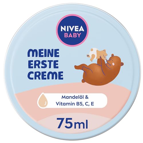 NIVEA BABY Meine erste Creme, vegane und hypoallergene Hautcreme schützt und stärkt, feuchtigkeitsspendende Creme für Babys mit Mandelöl und Vitaminen, ohne Mikroplastik und Parabene (75 ml)