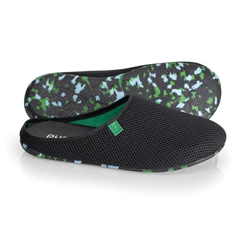 Purosteps Hausschuhe Model: Casa-Signet *Aus Recycelten PET-Flaschen in spanischer Manufaktur hergestellt* Nachhaltige & Vegane premium Pantoffel für Damen & Herren (Schwarz-Neon Grün/Größe: 44)