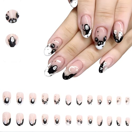 24 Stücke Halloween Falsche Nägel Kürbis Geisterdruck Süße Künstliche Nägel Acryl Nägel Klebestreifen mit Weißer Geist Design Press On Nails Künstliche Nägel für Mädchen und Frauen