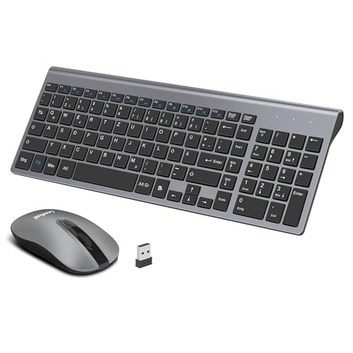 LeadsaiL Tastatur Maus Set Kabellos, 2,4 GHz USB-Empfänger Ultradünne Leise, Deutsch QWERTZ-Layout, 12 FN-Tasten Für Windows XP/7/8/10, PC, Laptop, Computer, Desktop - Grau