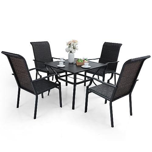 MFSTUDIO Rattan Gartenmöbel Set 5er-Set, Gartenmöbel Set, 4 Korbstühle Und 94x 94 X 72CM Metall-esstisch Mit Schirmloch, Terassenmöbel Wetterfest (4CM Schirmloch)