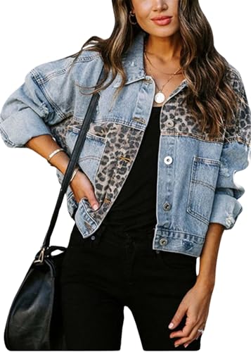 SWOAMER Damen Vintage Jeans Jacke Leopard Denim Jacke Western Fall Jacke Übergangsjacke mit Tasche Button Down Streetwear Jacke Freizeitjacke Blau L