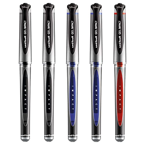 Uni-Ball Gel Impact Kugelschreiber, 1 mm breit, Schwarz, Blau und Rot, 5 Stück