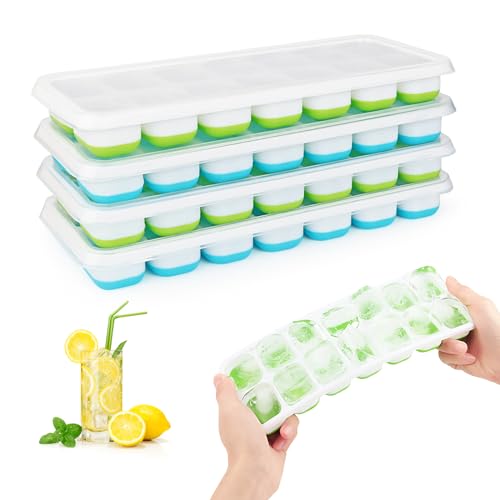 4 Pack Silikon Eiswürfelform Mit Decke, RISVOWO EiswüRfelbehäLter BPA Frei, Stapelbar & Lfgb-Zertifiziert, Quadratische Ice Cube Tray, Eisformen Silikon für Cocktail Whiskey Kaffee(Blau/Grün)