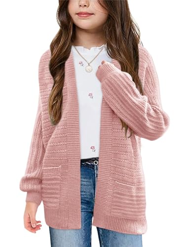 Haloumoning Mädchen Strickjacke Langarm Knitted Cardigan für Kinder Leichter Strickpullover mit Taschen Basic Strick Oberteil Strickjacken Rosa 9-10 Jahre