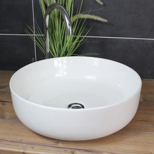 Arnusa Rundes Aufsatzwaschbecken, 45 cm Durchmesser, 14 cm Höhe, Weiß, Keramik Waschbecken modern Badezimmer Gäste WC Waschschale groß