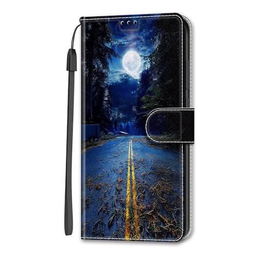 Rnrieyta Miagon Full Body Flip PU Leder Schutzhülle für Oppo A58 4G,Bunt Muster Hülle Brieftasche Case Cover Ständer mit Kartenfächer,Mond Straße