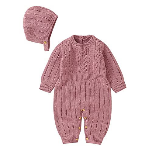 Neugeborenes Säugling Junge Mädchen Solide Strickpullover Baby Overall Strampler Baumwolle Caps Hut Outfits Sets Kleidung 4t Katze (Rosa, 3-6 Monate)