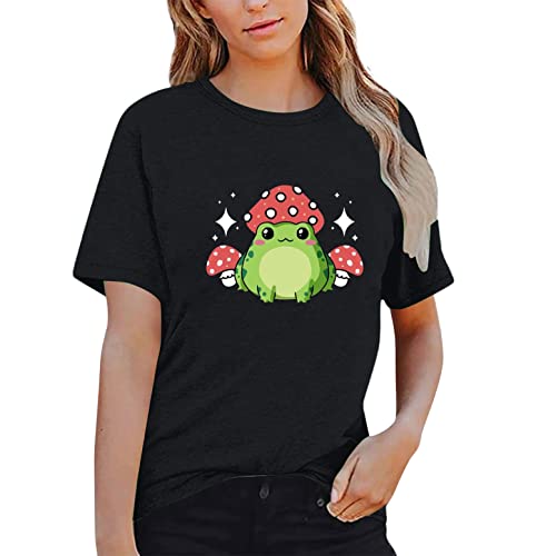 Nettes Frosch-Shirt-Pilz-Hemd-Oberseiten-Kurze Hülsen-beiläufiges Druck-T-Shirt der Frauen Seidenbluse Schwarz