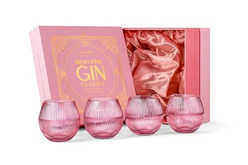 GLASSIQUE CADEAU Vintage Art Deco Gerippte Gin Tonic Cocktailgläser in Zartem Rosa mit Goldrand | 4er set | 400 ml Geriffelte Kristall Gingläser für Cocktails | Geschenkset für Gin Liebhaber