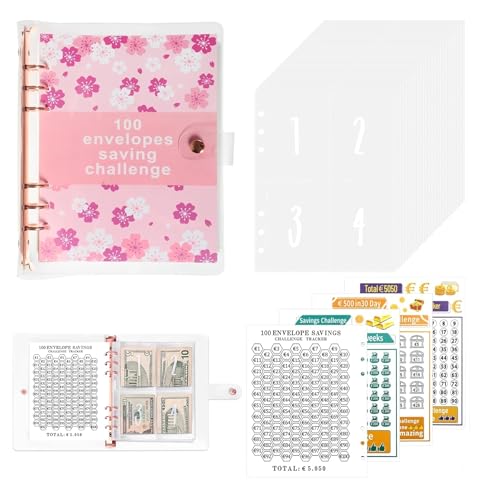 100 Envelope Saving Challenge A5 Ringbuch Geldsparmappe Rosa KirschblüTe, Sparbuch Für Geld, Sparmappe Für Geld, Budget Binder Für Geld Sparen Challenge mit Challenge Tracker & Pre-numbered Geldfächer