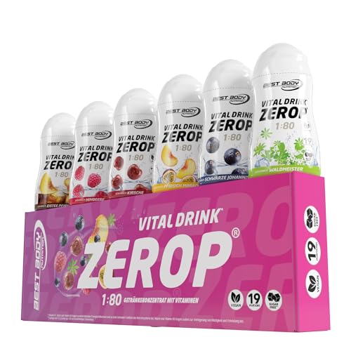 Best Body Nutrition Vital Drink ZEROP - Mix-Box 6 x 48 ml, Sirup Konzentrat - zuckerfrei, 1:80, Probierset: Eistee-Pfirsich, Himbeere, Kirsche, Johannisbeere, Waldmeister, Pfirsich-Maracuja