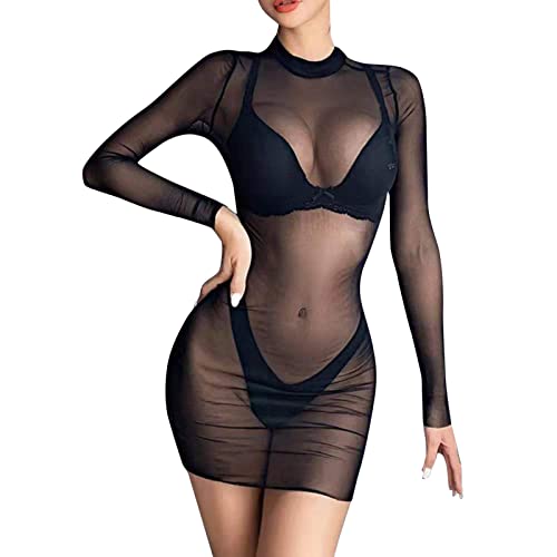 HOOUDO Latex Dessous Frauen Sexy Frauen Sexy Strand Mesh Badeanzug Vertuschung Clubwear Robe Dessous Durchsichtige Kleider Sexy Unterwäsche Nachtwäsche Damen Sexy Set Kurz