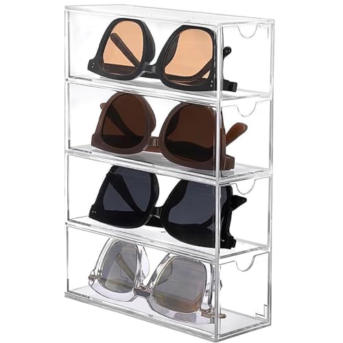 YZDZSW Aufbewahrungsbox für Brillen, Acryl Klarheit Sonnenbrillen Brillenorganizer, Verdickter Brillenbox Brillenständer mit 4 Schubladen für Uhren Ketten Brillen Kosmetika Lesebrillen