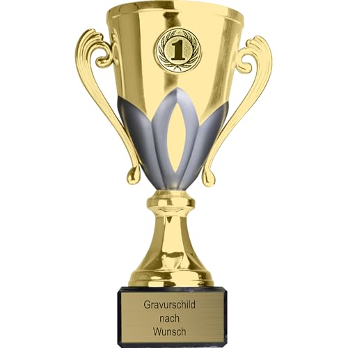 Pokal-Fabrik.de - Pokal mit Gravur Wunschtext in Gold/Silber, 13 cm - personalisierte Auszeichnung & Sport Emblem nach Wahl - inkl. Marmorsockel - Geschenk-Trophäe - Pokal Kinder