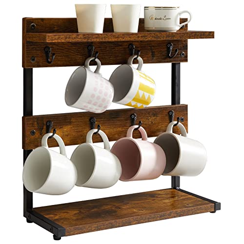 IBUYKE Vintage Tassenhalter mit 8 Haken, Kaffeetasse Halter für Küchentheke, Bechergestell mit Aufbewahrungsboden, für Küche Esszimmer Café 40 x 15 x 40 cm, Vintage-Braun TBJ002H