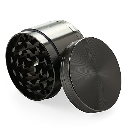 Bäcker & Lecker Pollen Grinder 5 CM Crusher Kräutermühle für getrocknete Kräuter Spice Gewürze Herb aus Zinklegierung 4-teilig Set mit Pollen Scraper Nickel-Schwarz