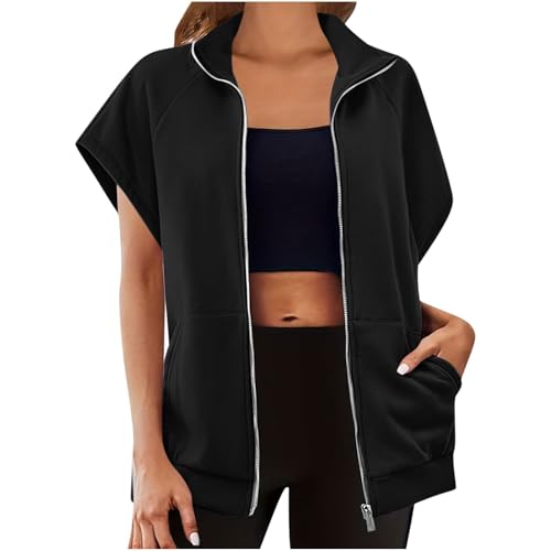 Sweatjacke Damen Übergangsjacke Lang Sommerjacke Casual Locker Sportjacke Kurzarm Reißverschluss Strickjacke Revers College Jacke Leichte Mantel Teenager Mädchen Outdoor Jacken Taschen