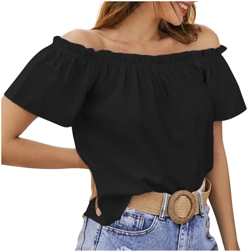Bluse Kurzarm Damen Renaissance Trachtenbluse Mittelalter Schulterfrei Rüschenbluse Musselin Hemd Solide Top Elegant Tuniken Sommer Oberteile Casual Weiß Oberteile