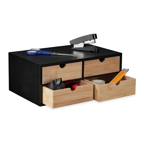 Relaxdays Schreibtisch Organizer, 4 Schubladen, Bambus & MDF, Schreibtischbutler Büro, HBT: 13,5x33x21 cm, Natur/schwarz