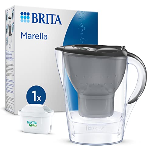 BRITA Wasserfilter-Kanne Marella graphit (2,4l) inkl. 1x MAXTRA PRO All-in-1 Kartusche – Tischwasserfilter zur Reduzierung von Kalk, Chlor, Blei, Kupfer & geschmacksstörenden Stoffen im Trinkwasser