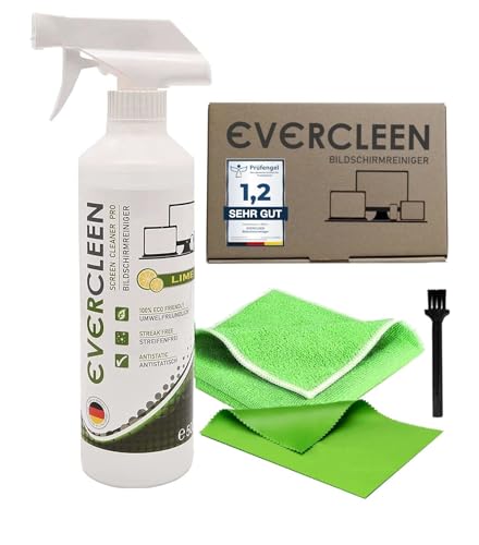 EVERCLEEN Made in Germany Screen Cleaner Pro Bildschirmreiniger 500ml + Mikrofasertuch. Umweltschonender Veganer Reiniger für TV, PC, Laptop, Tablet, Displays, Brillen & Smartphone