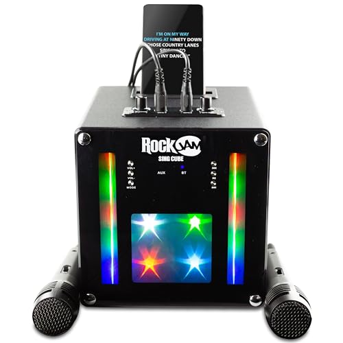 RockJam Singcube 5-Watt-Bluetooth-Karaoke-Maschine mit zwei Mikrofonen, Stimmwechseleffekten und LED-Leuchten, Schwarz