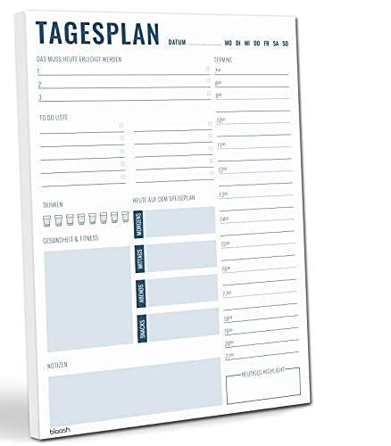 blaash® Tagesplaner Block DIN A4 | 50 Seiten Planer für Aufgaben, Termine, Notizen & Ideen | Optimale Organisation & Motivation im Alltag | To Do Planer für zu Hause & Büro | Blue