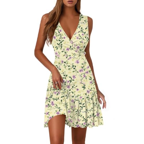 Sommerkleid Damen Leicht und Luftig Elegant V-Ausschnitt Abendkleider Ärmellose Strandkleid Hohe Taille Summer Kleid Midikleid Boho Wickelkleid Freizeitkleid Prinzessin Kleider(Light Green,L)