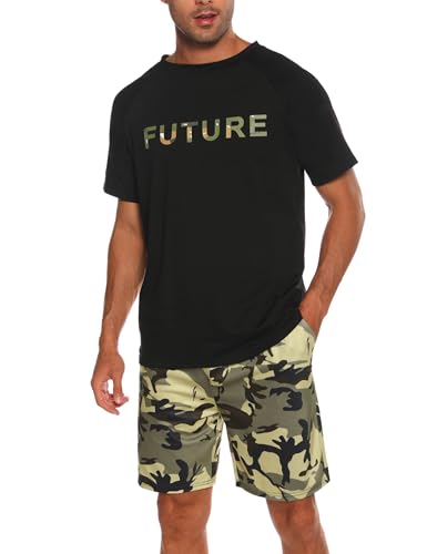 Nieery Pyjama Herren kurz Baumwolle Herren Schlafanzug Herrenschlafanzüge Shorty Schlafanzughose Herren kurz Schlafanzug Jungen lustig mit Tasche elastisches Bund