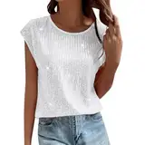 Generisch 2025 Tanktop mit Rundhalsausschnitt und Pailletten in Volltonfarbe für Damen und Partykleidung Bluse Elegant (White, XL)