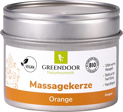 GREENDOOR Natur Massagekerze Orange vegan 100ml, festes Massageöl aus BIO Pflanzenwachsen und Ölen, naturrein, rußt nicht, natürlich ohne Tierversuche, Naturkosmetik Geschenke