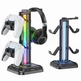 KDD Headset Halterung RGB mit 9 Lichtmodi - Controller Halter Schreibtisch - Drehbarer Gaming Kopfhörer Ständer & Abnehmbarer Controller Haken für Gamer PC Xbox ONE PS5 Gaming Zubehör (Schwarz)