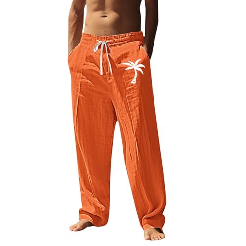 Herren Leinenhosen Lange Sommer Strand Stoffhose Einfarbig Sommerhose Regular Fit,Männer Leinen Strandhose Freizeithose Yogahose Herren Bündchen Lang Weiß Leinen