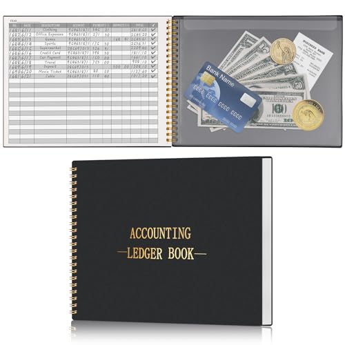 HAUTOCO Buchhaltungsbuch, Budget-Tracker-Protokoll-Tagebuch mit 2 Aufbewahrungstaschen, Geldkosten-Tracker, Notizbuch für kleine Unternehmen und persönliche Buchhaltung, 25,7 x 20,8 cm, Schwarz